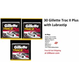 30 Gillette Trac II Plus Razor Blades Refill Cartridges 