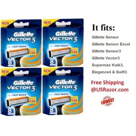 32 Gillette Vector3 Blades Fits Sensor Razor Cartridges Refills Shaver 8*4 