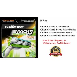 8 Gillette Mach3 Sensitive Power Razor Blade Cartridges  