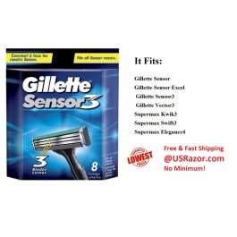 8 Gillette Sensor 3 Razor Blades Cartridges Refills Fits Excel Shaver  