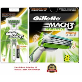 9 Gillette Mach3 Sensitive Power Blades + Razor Handle  