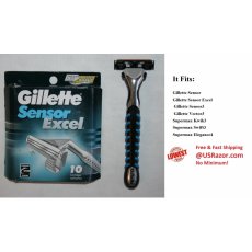10 Gillette Sensor Excel Razor Blades + Shaver Handle 
