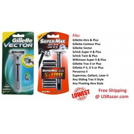 2 Gillette Vector Supermax Fits Atra Trac II Plus Razor Blades Cartridges Handle 