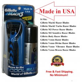 Gillette Mach3 Metal RAZOR Handle Shaving Gel 3 Blades Made in USA 