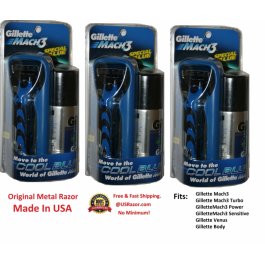 3 Gillette Mach3 Metal RAZOR Handle Shaving Gel 6 Blades  