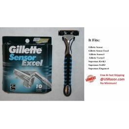 10 Gillette Sensor Excel Razor Blades + Shaver Handle  