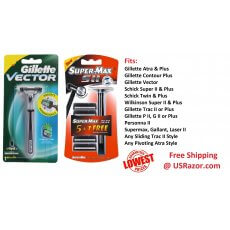 2 Gillette Vector Supermax Fits Atra Trac II Plus Razor Blades Cartridges Handle