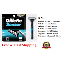 10 Gillette Sensor Razor Blades Cartridges Refills Shaver Handle Fit Excel 3 5  