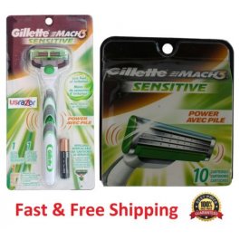 11 Gillette Sensitive Mach3 Power Razor blades Cartridges Refills Shaver M3 USA 