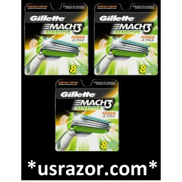 24 Gillette Sensitive Mach3 Power Razor blades Cartridges Refills Shaver M3 USA 