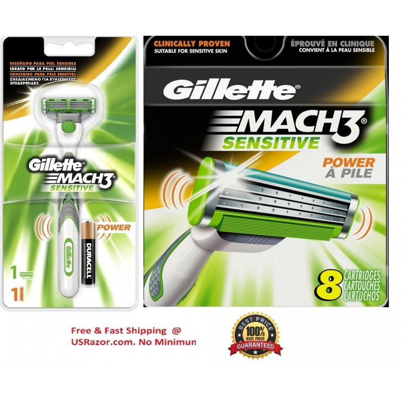 9 Gillette Mach3 Sensitive Power Blades Razor Handle